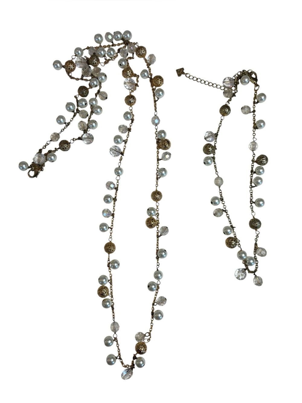TWO! Cookie Lee Faux Pearl & Crystal Beaded Necklaces Gold Tone